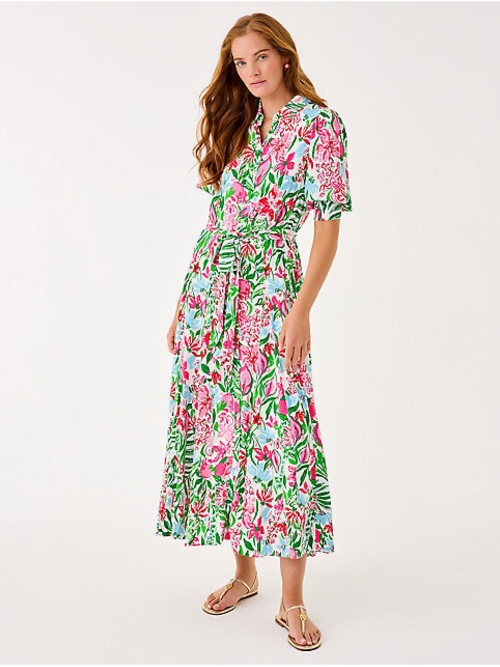 NWT - Lilly Pulitzer Pink, Green & White Floral Maxi Shirtdress with Waist Tie